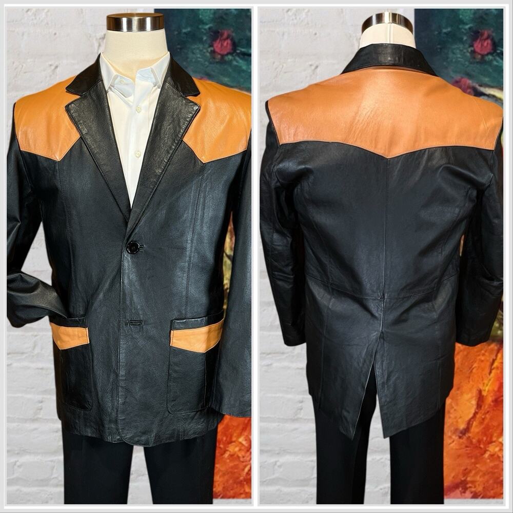 Ferugini M / L Leather Western Blazer Jacket Removable Lining Black Brown - Picture 5 of 15